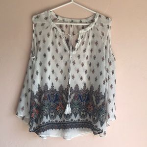 Black Rainn sheer front-tie cold shoulder top, size L